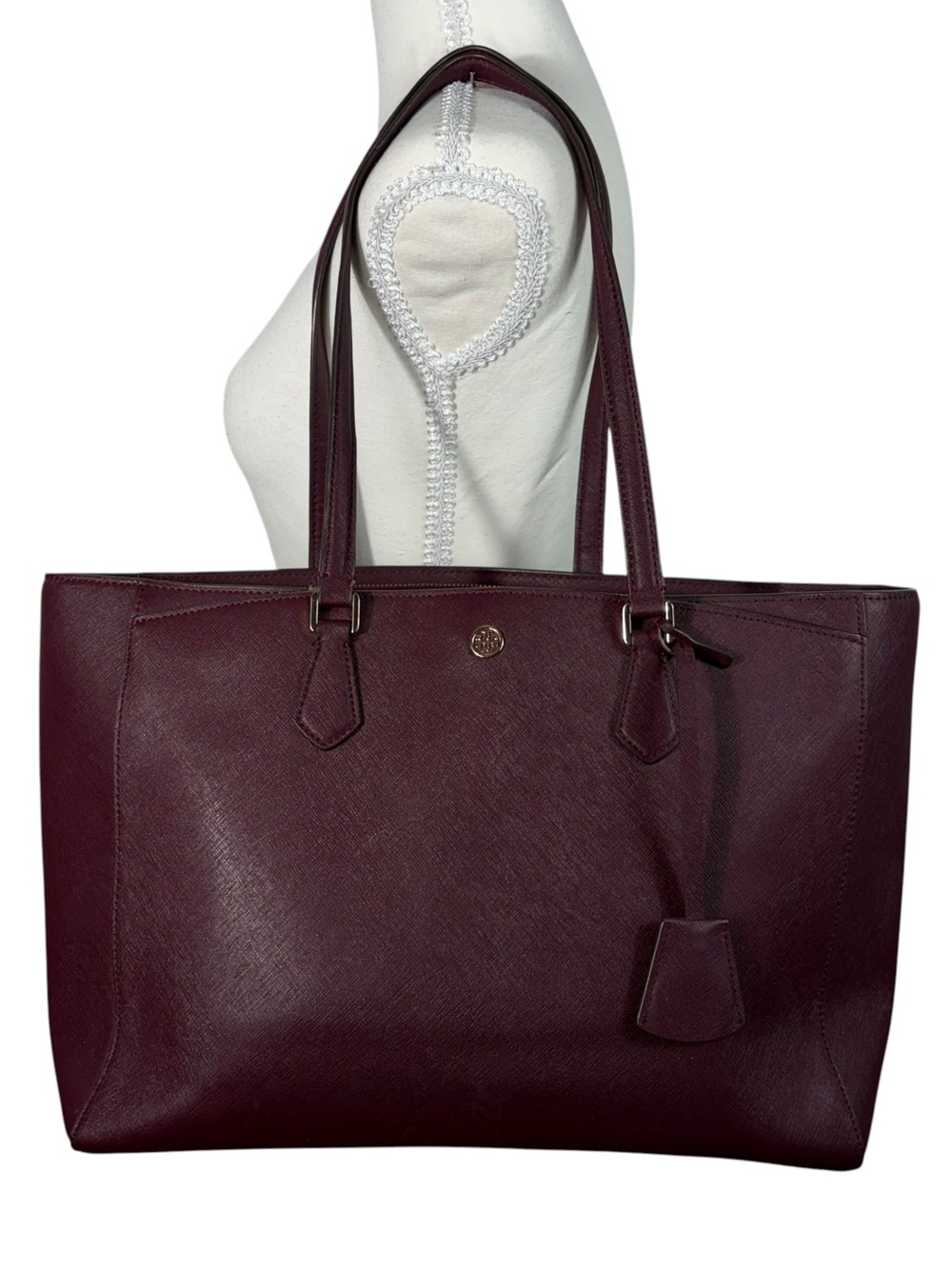 Tory Burch Robinson Large Saffron Leather Tote Bag Purse Purple Mulberry Gold